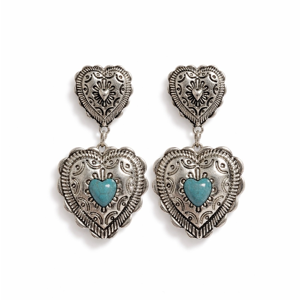 Western Silver Heart Drop Earrings with Turquoise Accents - Picture 1 of 7